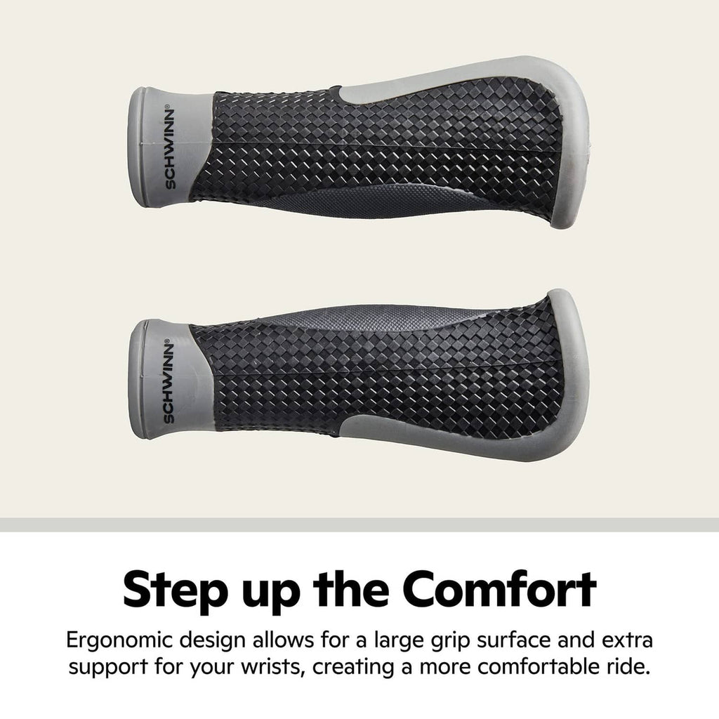Textured ergonomic bike grips, black with gray ends, shown as left and right pair