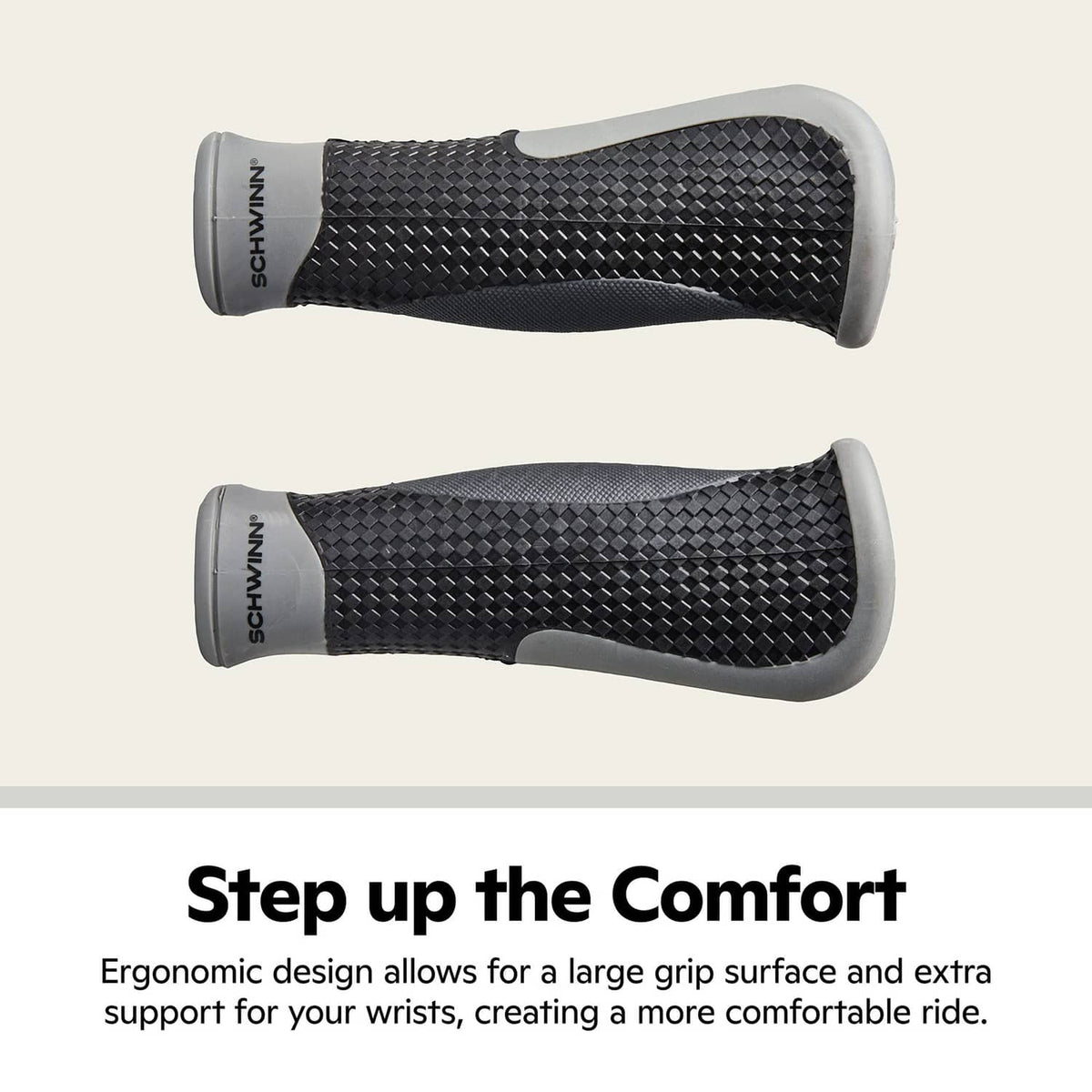 Textured ergonomic bike grips, black with gray ends, shown as left and right pair