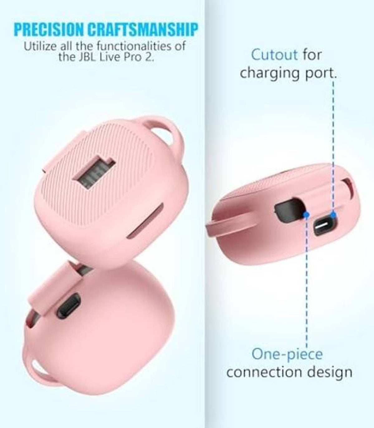 Pink earbud case cover with charging cutout and one-piece connection design