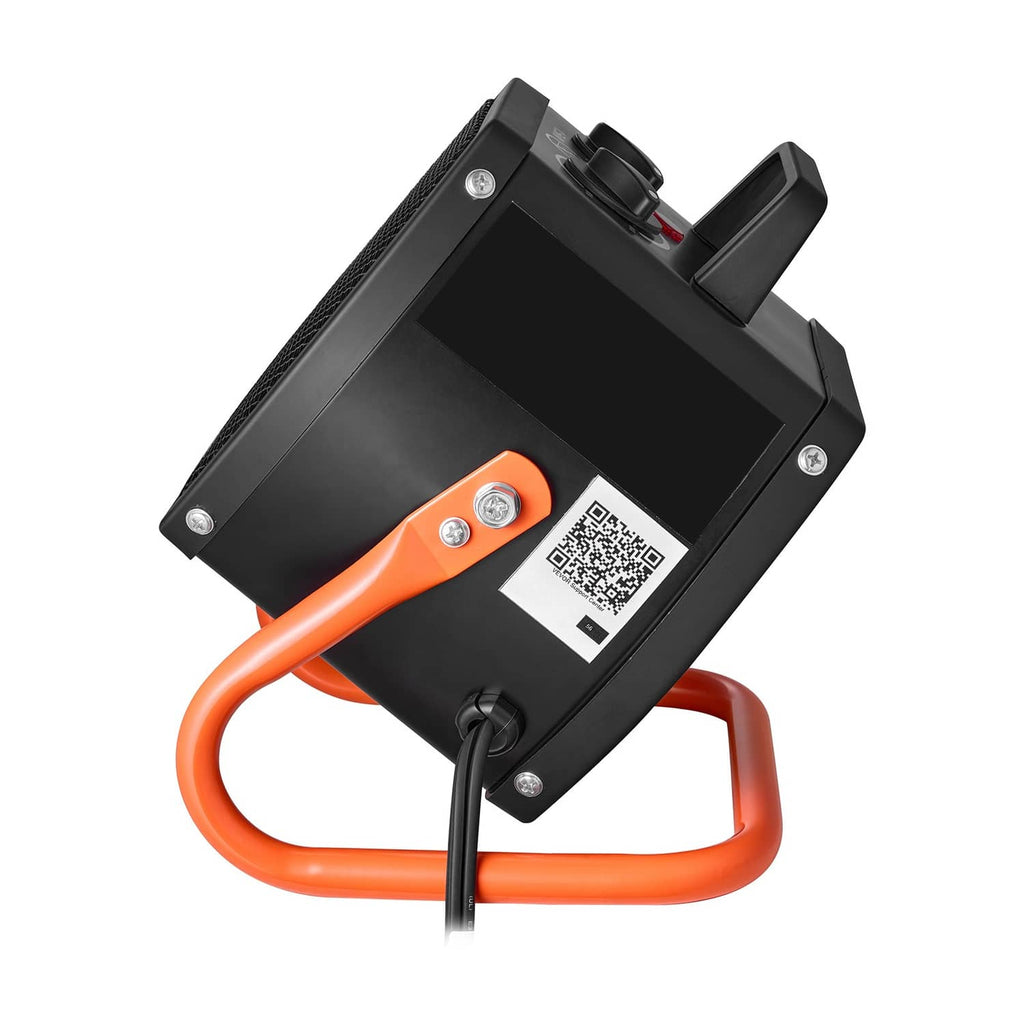 Electric greenhouse heater rear view with orange handle grips and power label