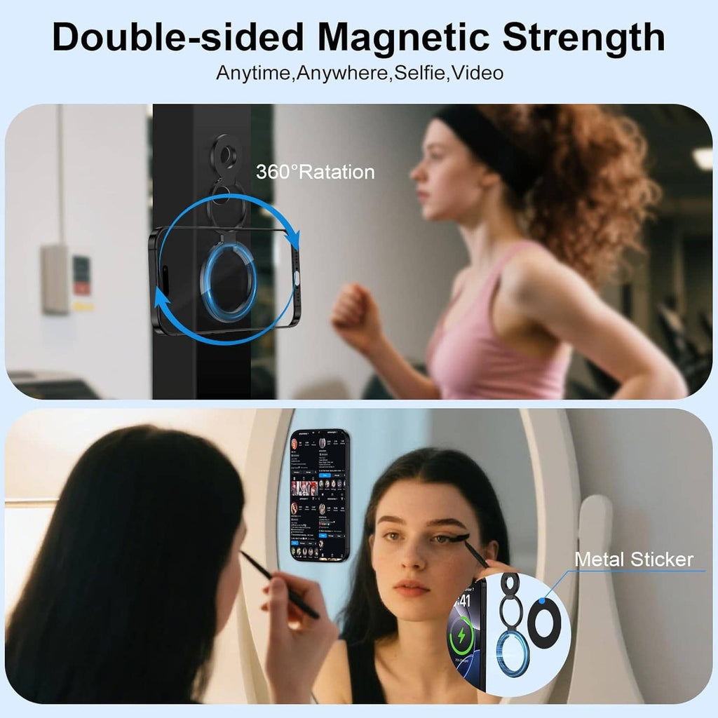 Black magnetic phone ring holder on a phone back with a circular finger ring