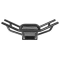 Black front bumper brush guard with rounded grille and perforated panels
