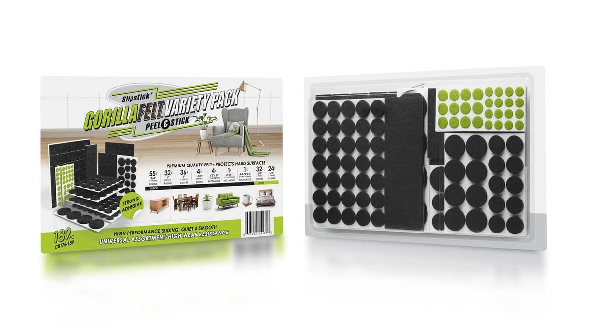 Boxed GorillaFelt variety pack with black and green peel-and-stick felt pads