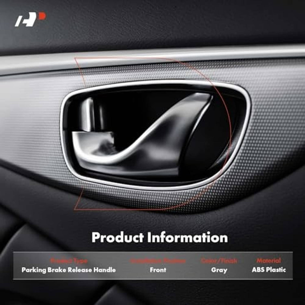 Gray parking brake release handle in vehicle interior trim with curved surrounding bezel