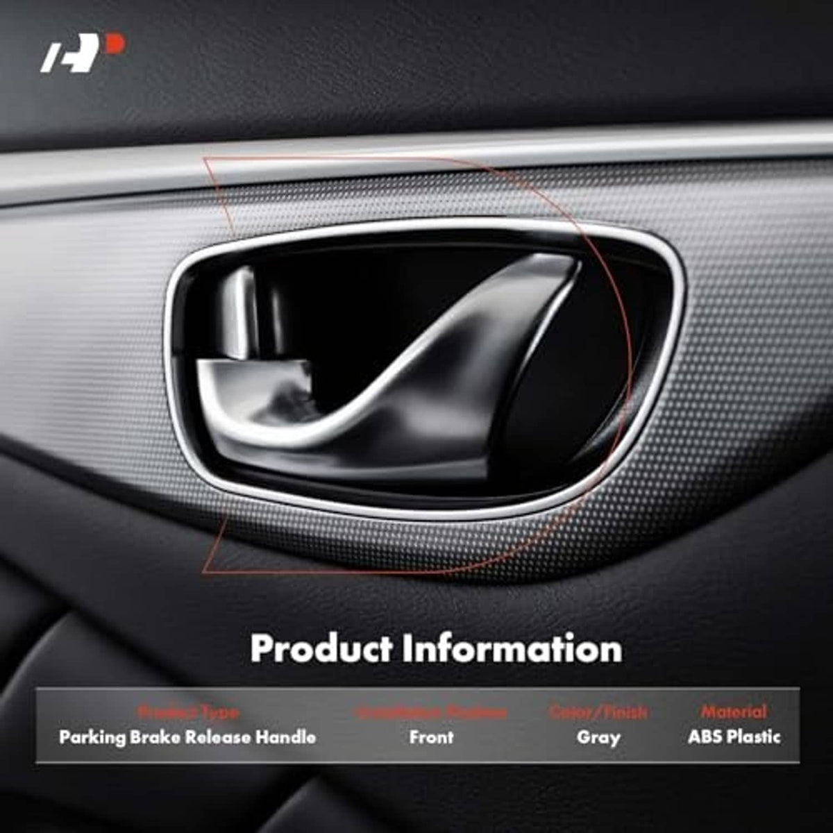 Gray parking brake release handle in vehicle interior trim with curved surrounding bezel