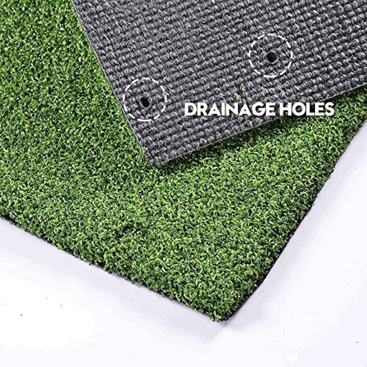 Artificial grass turf corner with dark backing and drainage holes
