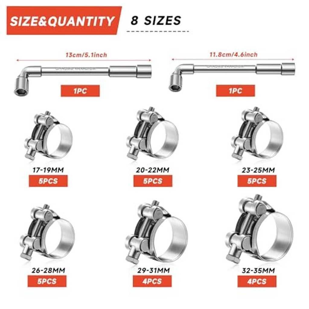 Assorted T-bolt hose clamps showing multiple sizes, 304 stainless steel band and screws