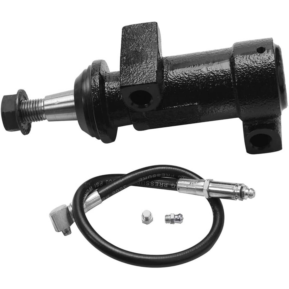 Black control arm with ball joint and attached hardware kit, close-up