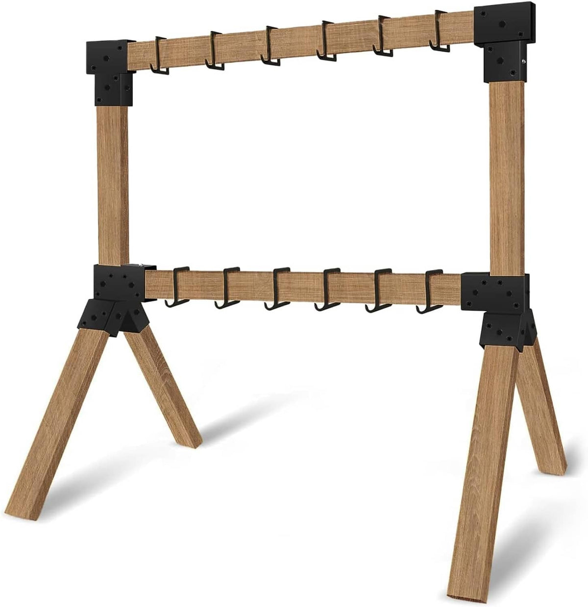 Wood-framed target stand bracket set with black corner plates and 12 hanger hooks