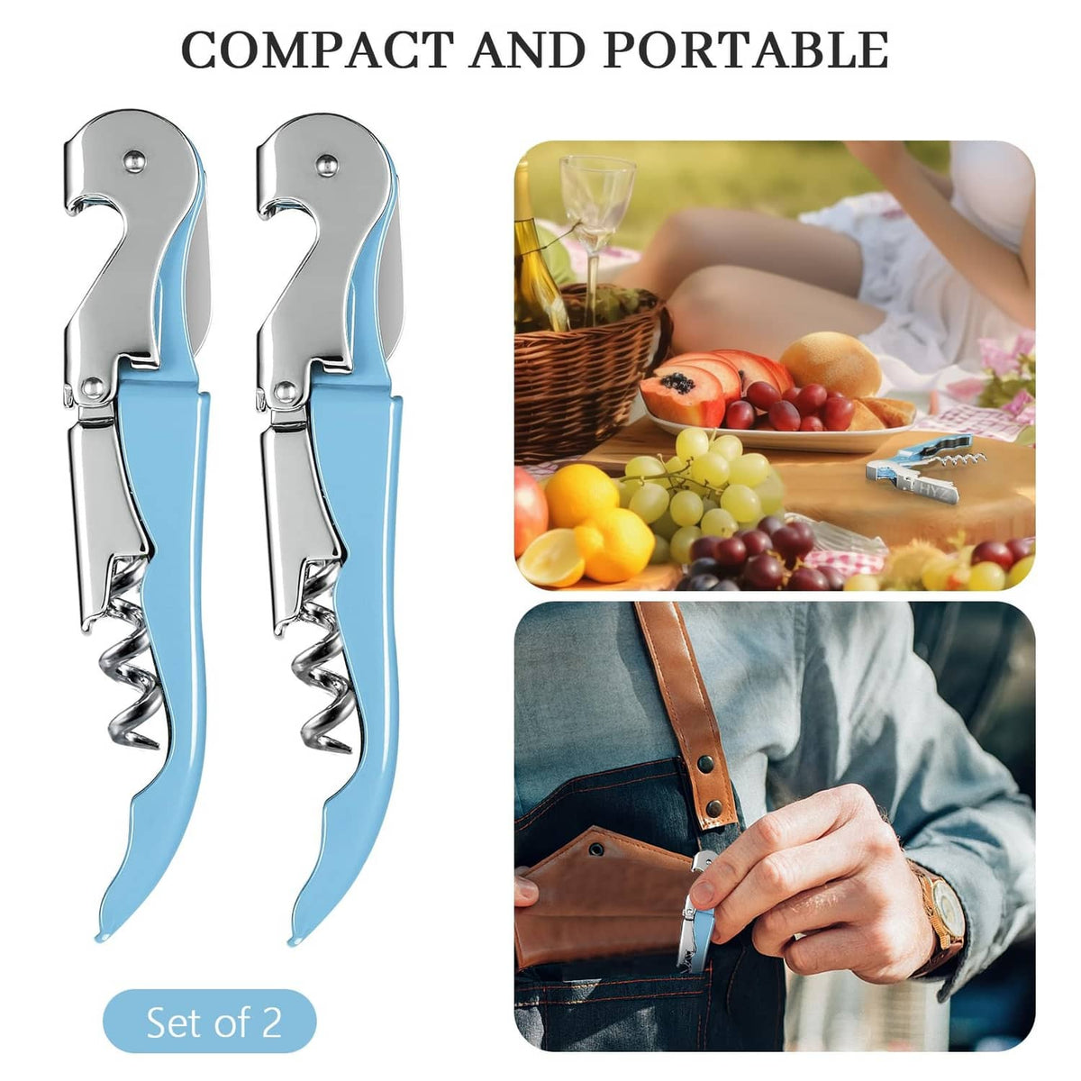 Sky blue waiter corkscrew, 2-pack set with chrome finish handles