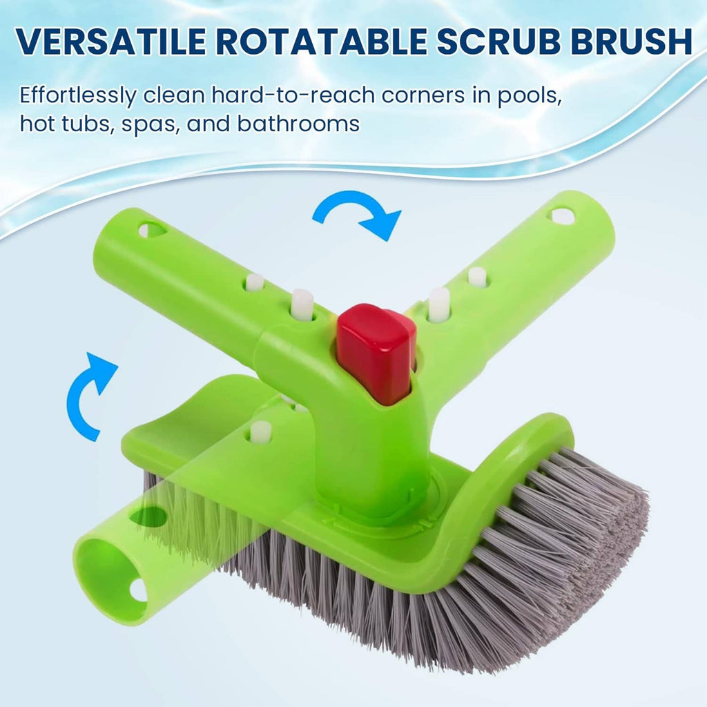 Rotatable pool scrub brush with green base, gray bristles, and red pivot clip