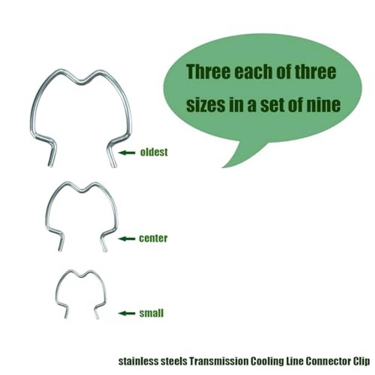 Stainless steel quick connector clips, set of nine with three size variations, 3 each