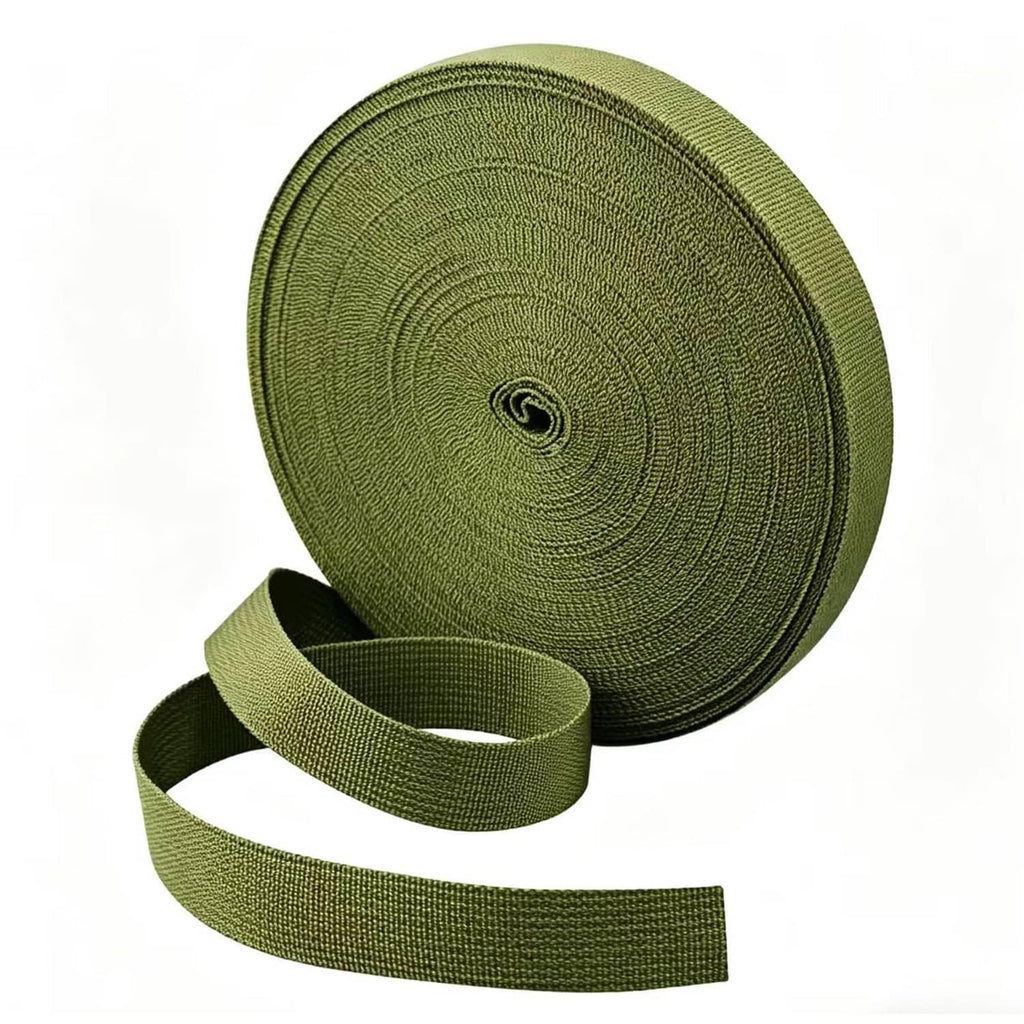 Army green tree tie strap roll, coiled garden support webbing with loops