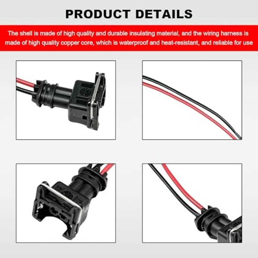 Fuel injector connector close-up with black housing and red/black insulated wire leads