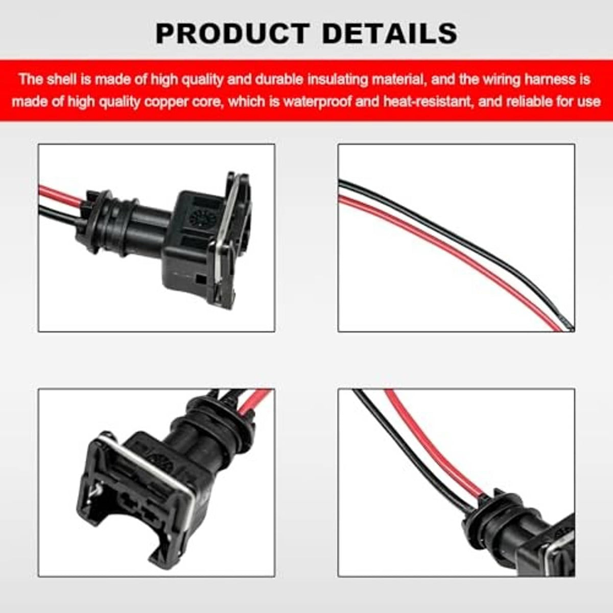 Fuel injector connector close-up with black housing and red/black insulated wire leads