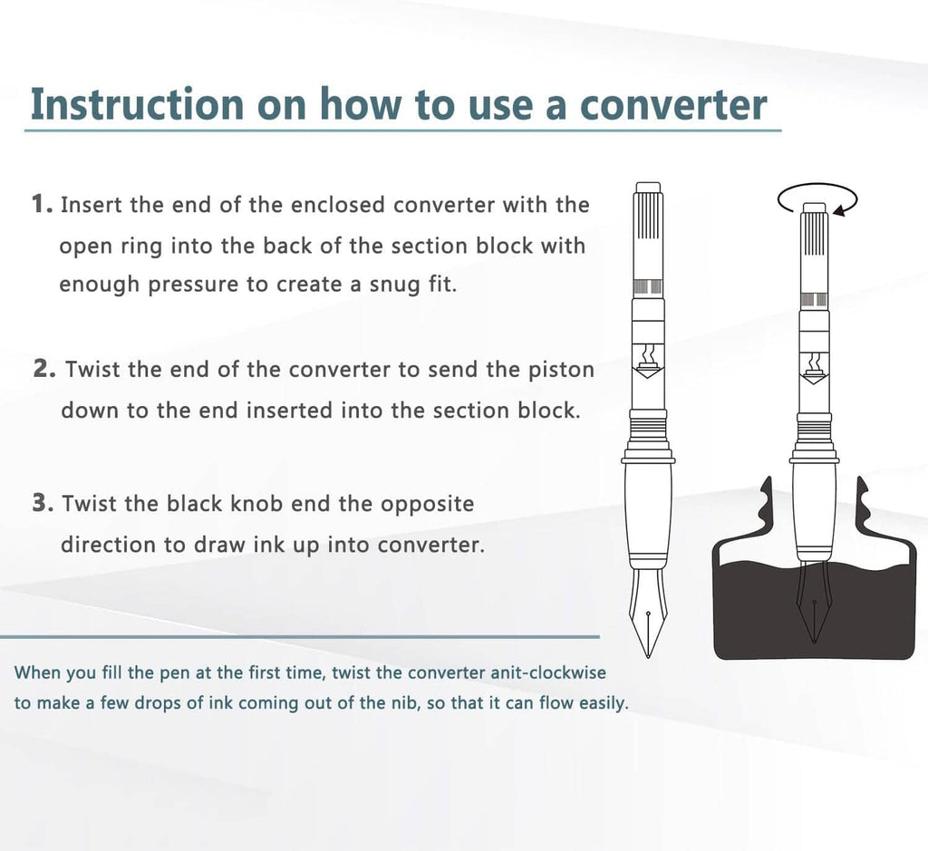 Fountain pen converter instruction diagram with step numbers and connector drawing