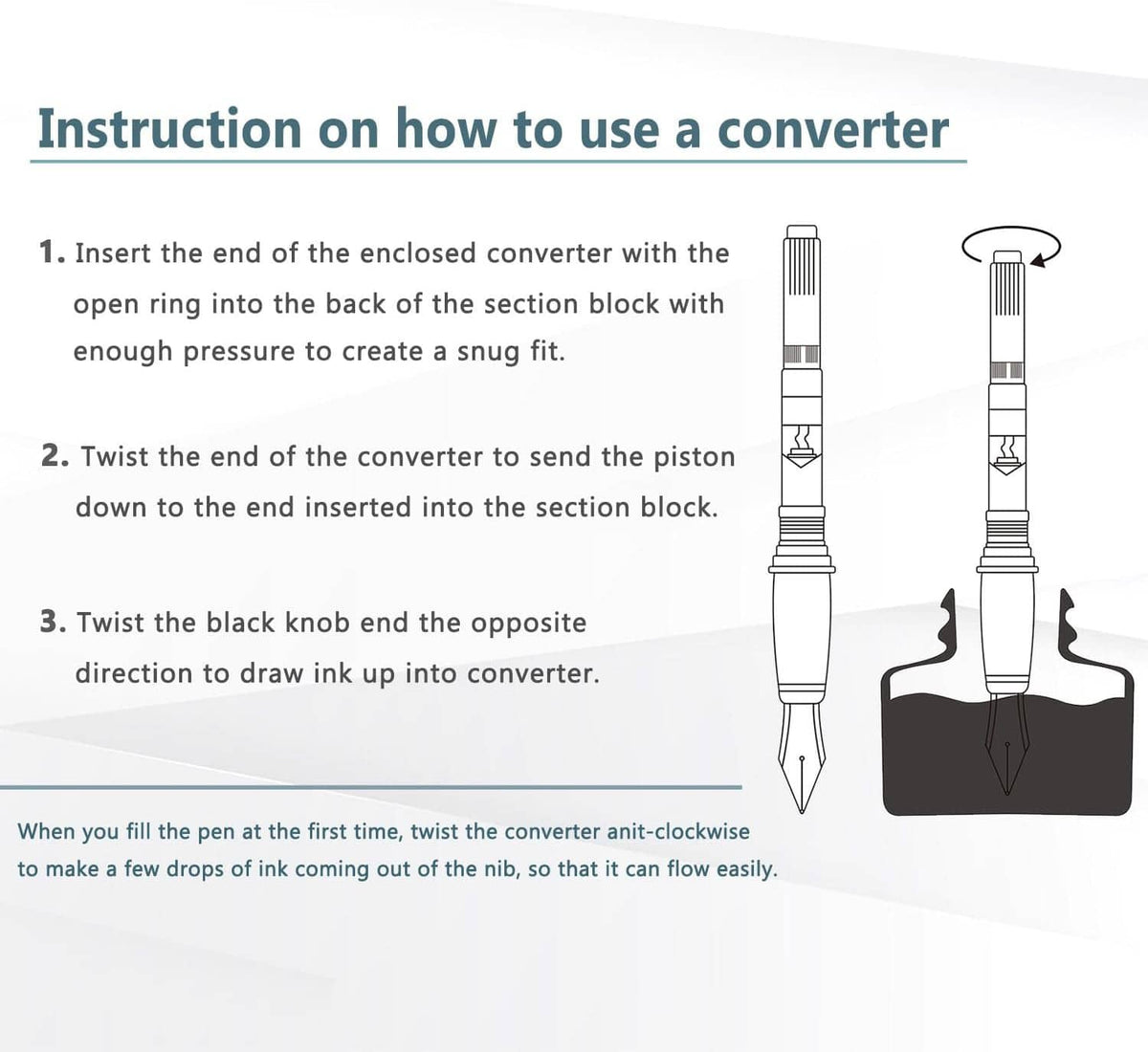 Fountain pen converter instruction diagram with step numbers and connector drawing