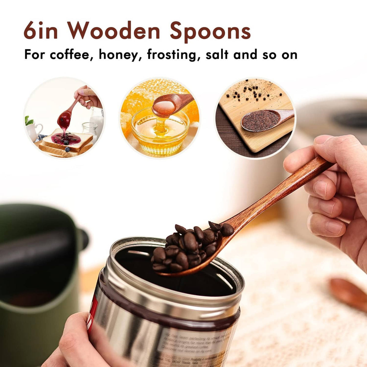 Brown wooden spoon held above a jar for serving, deep rounded bowl