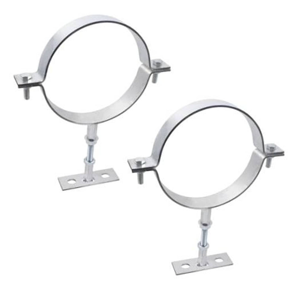 Galvanized split-ring pipe brackets, adjustable, with flat mounting bases and hardware.