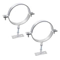 Galvanized split-ring pipe brackets, adjustable, with flat mounting bases and hardware.
