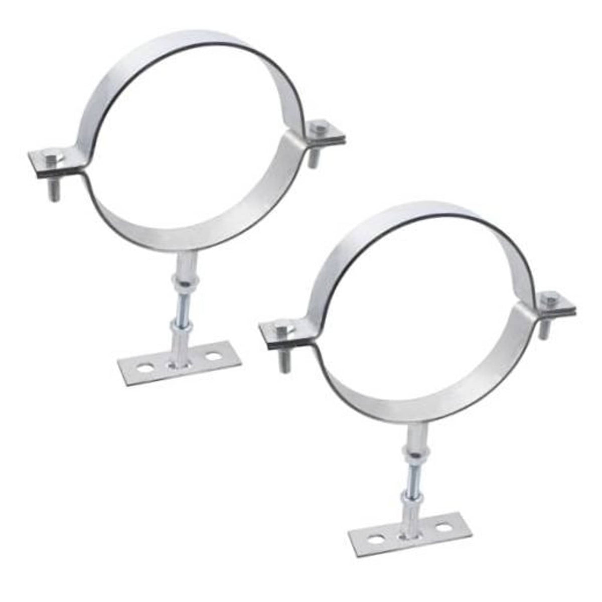 Galvanized split-ring pipe brackets, adjustable, with flat mounting bases and hardware.