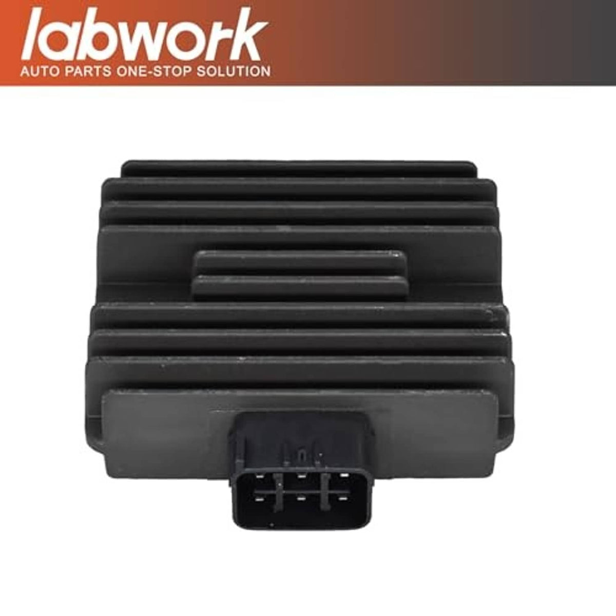 Black voltage regulator rectifier with front housing and multi-pin connector socket