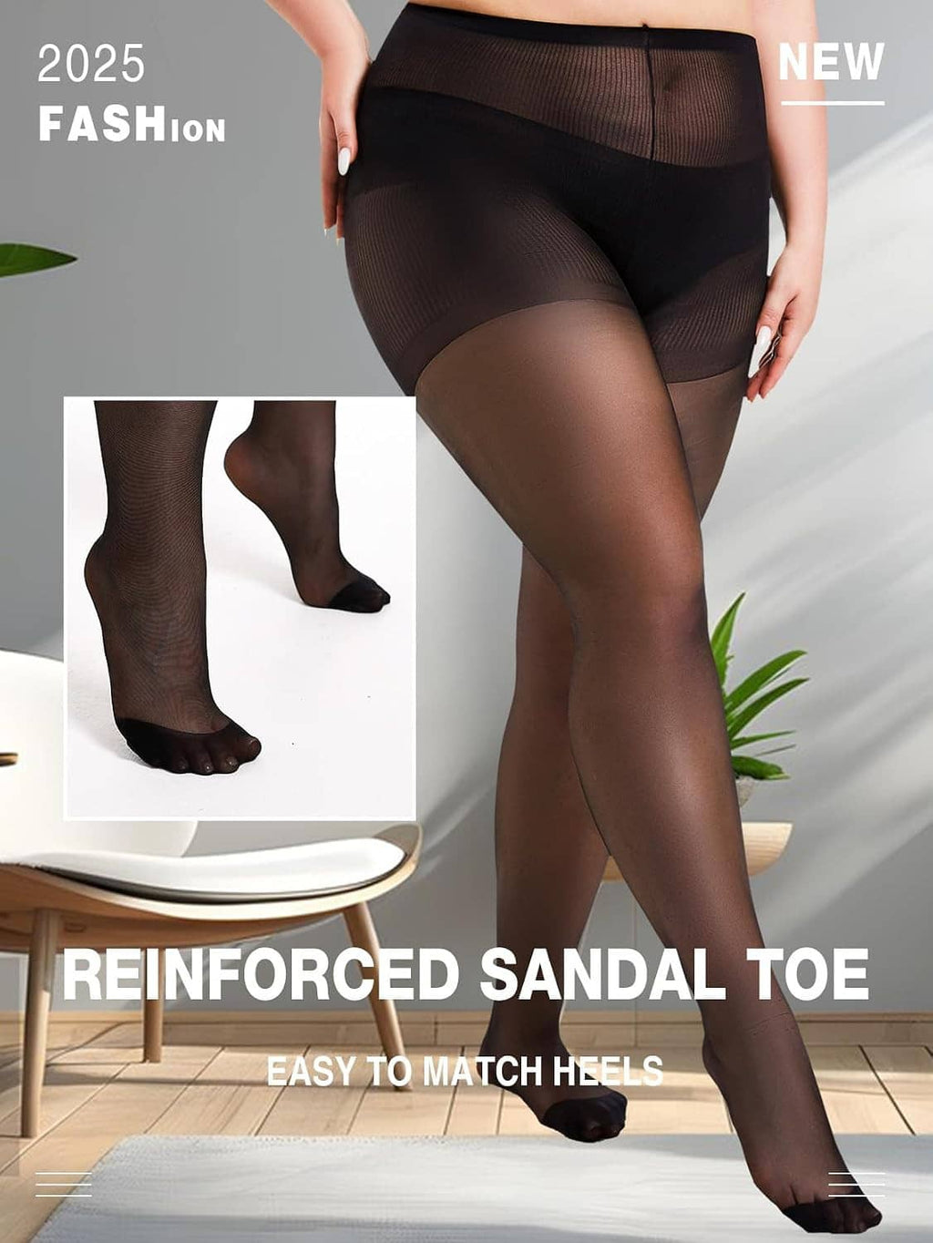 Plus size sheer tights, dark brown reinforced sandal-toe pantyhose