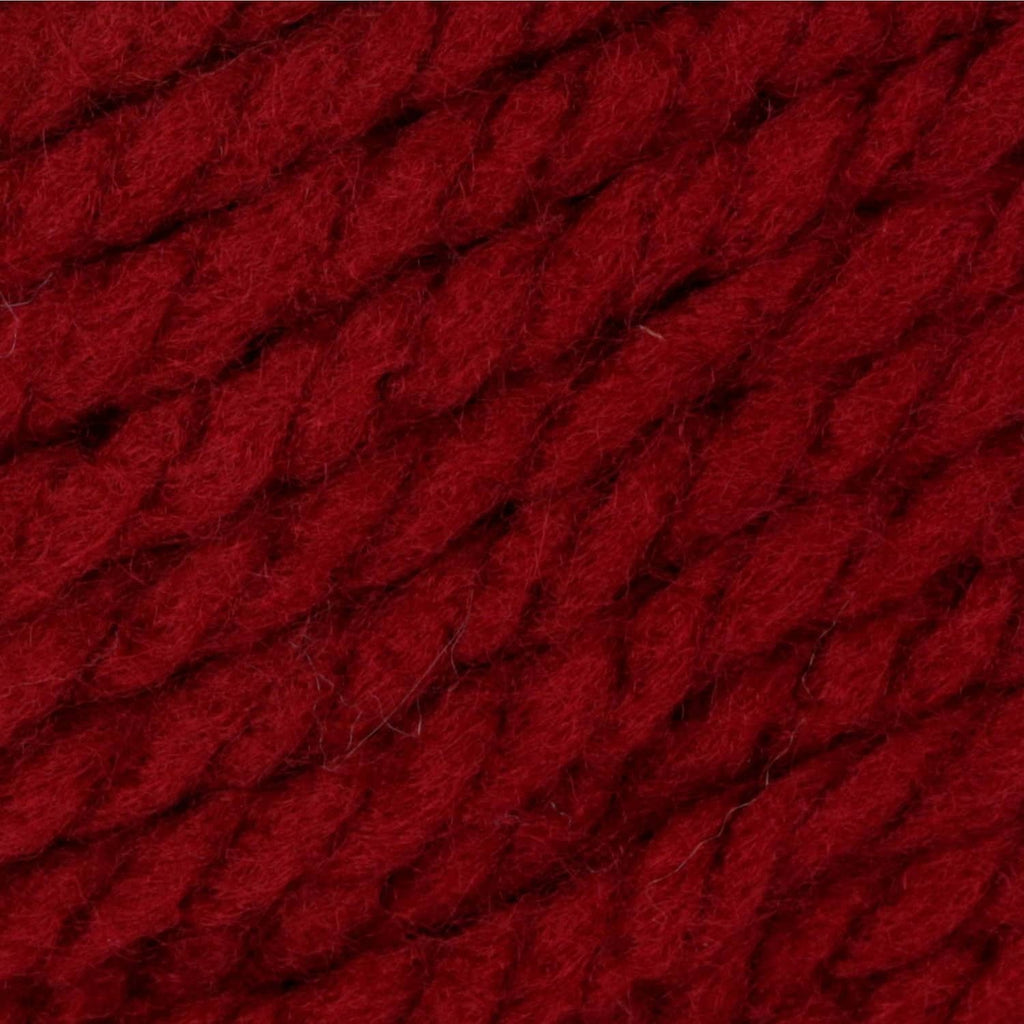 Close-up of dark red chunky acrylic yarn texture with thick twisted strands
