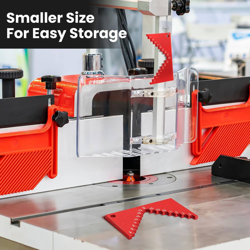 Red aluminum table saw height gauge mounted on table saw rail near the fence
