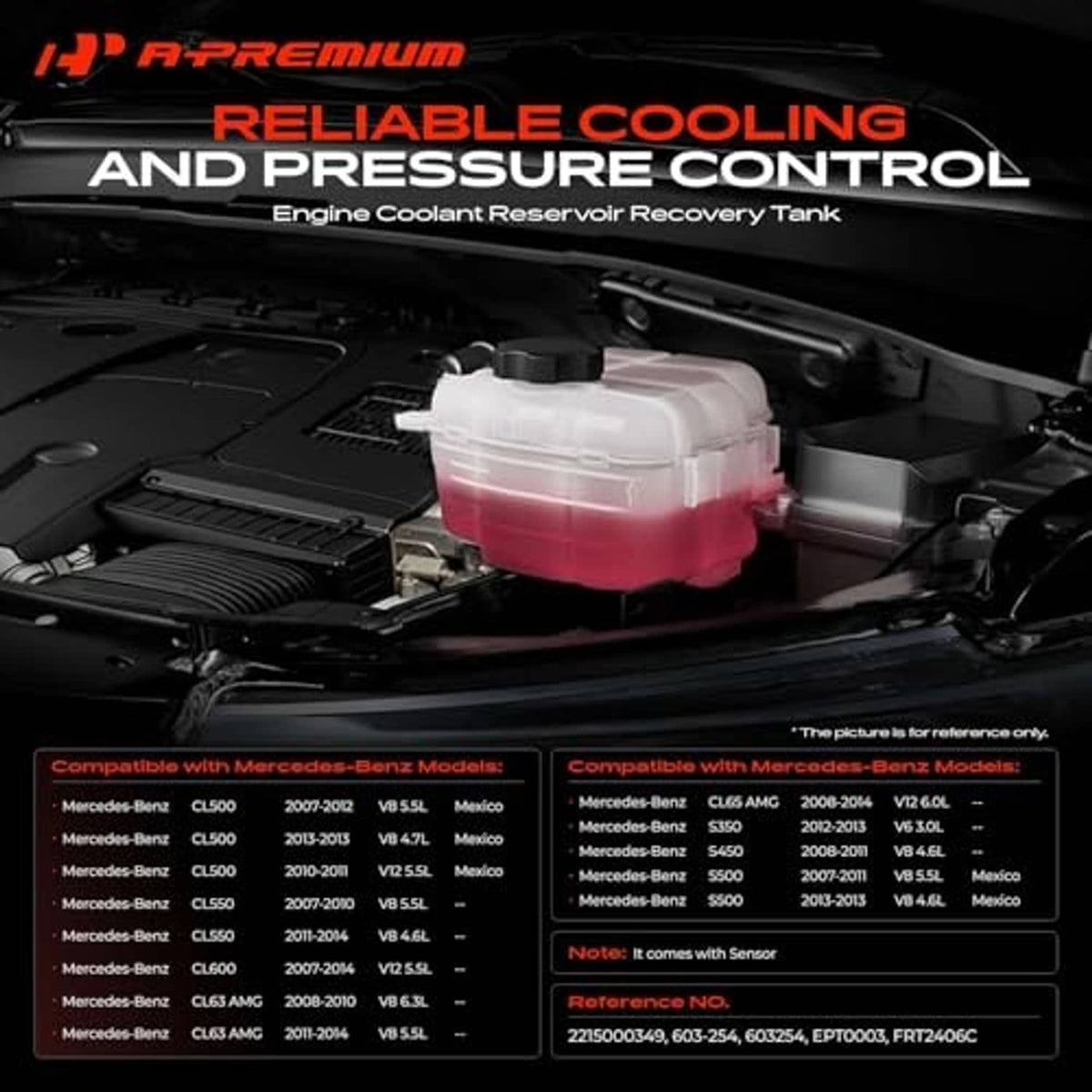 Engine coolant reservoir recovery tank with sensor, translucent reservoir near engine bay