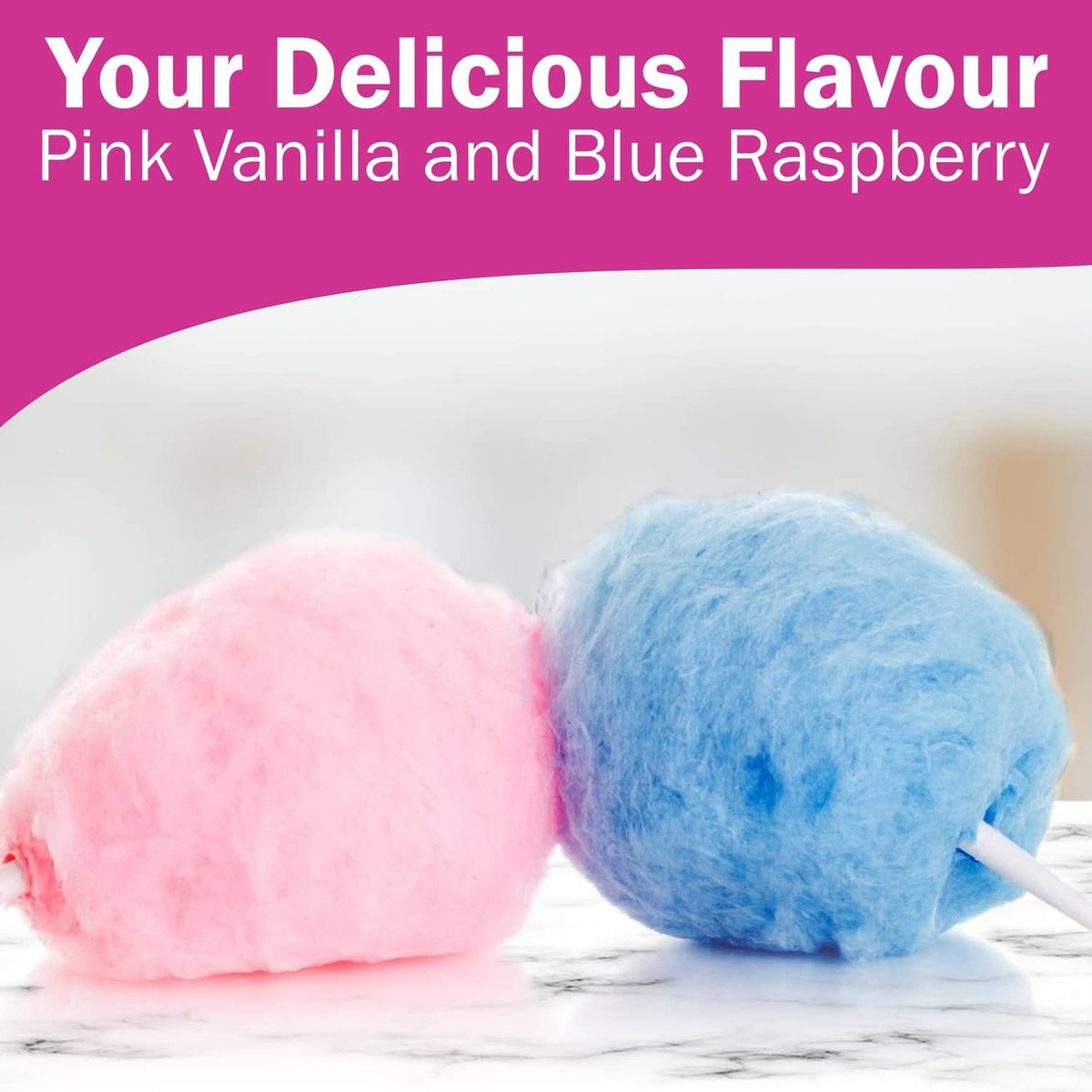 Pink and blue cotton candy floss balls on sticks