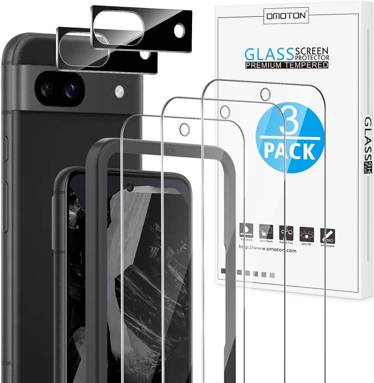 Tempered glass screen protector set for Pixel 8A, three clear sheets on device