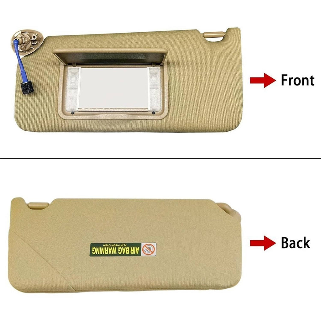 Tan sun visor pair showing front side with LED mirror window and back side