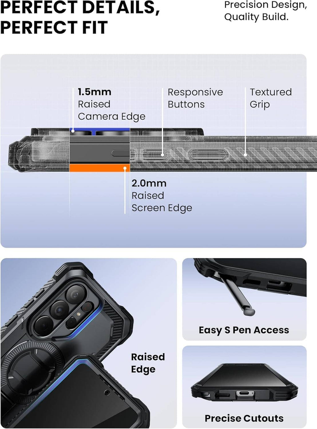 Rugged black Galaxy S26 Ultra case with raised screen edge, precise cutouts, and grip