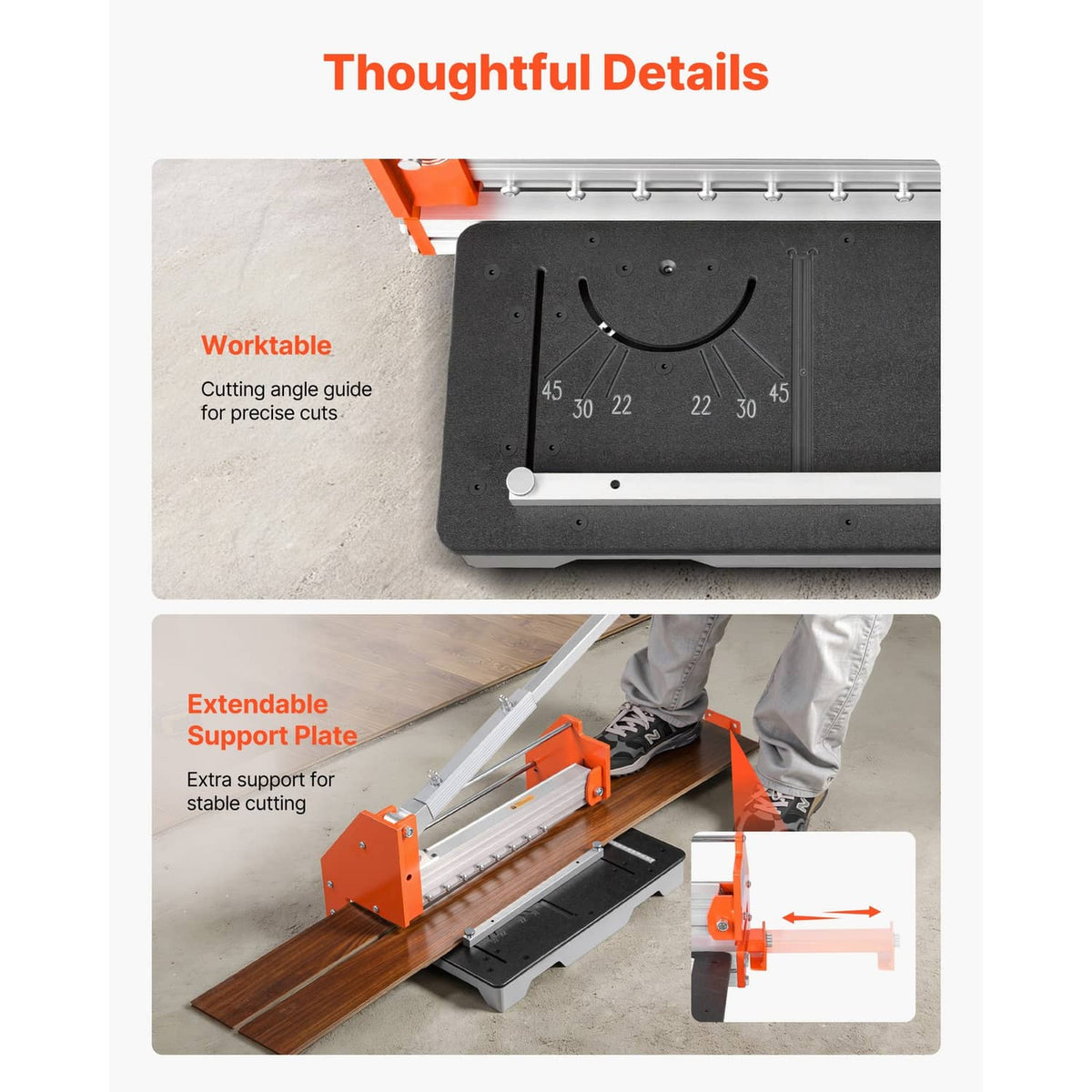 Vinyl flooring cutter with worktable cutting angle guide and extendable support plate