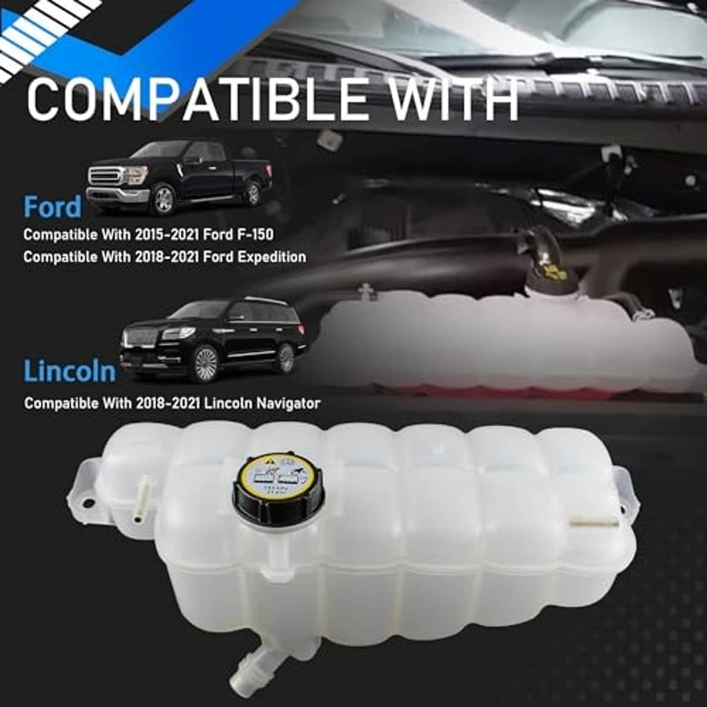 White coolant overflow reservoir tank with round black cap on top and outlet fitting