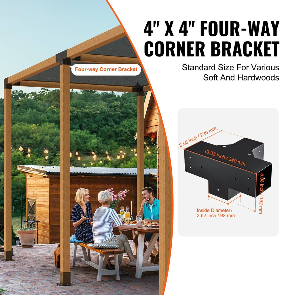 Black 4-way corner bracket for pergola posts, four-way join with bolt holes