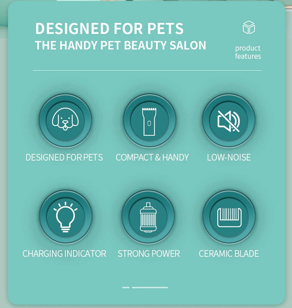 Teal feature panel with circular icons for pet hair clipper functions