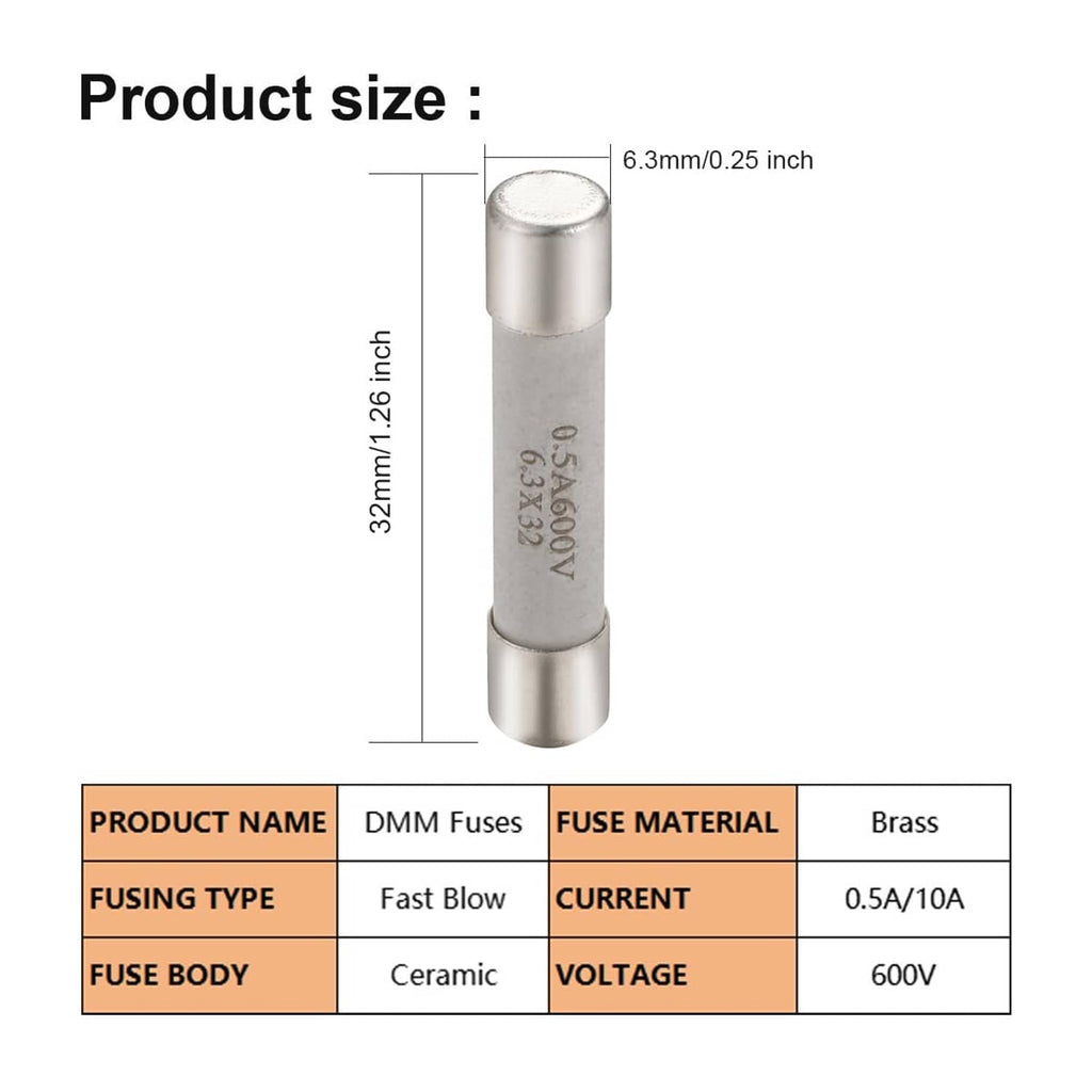 Fast-blow multimeter fuse, 6.3mm x 32mm, 0.5A 600V, ceramic cylinder, metal caps