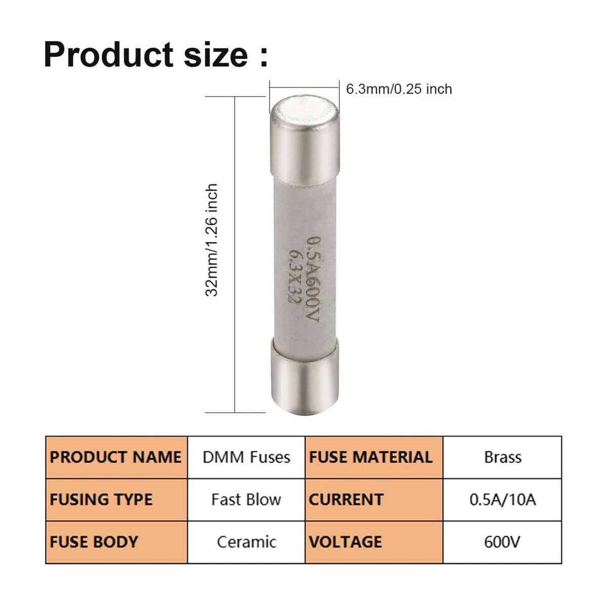 Fast-blow multimeter fuse, 6.3mm x 32mm, 0.5A 600V, ceramic cylinder, metal caps
