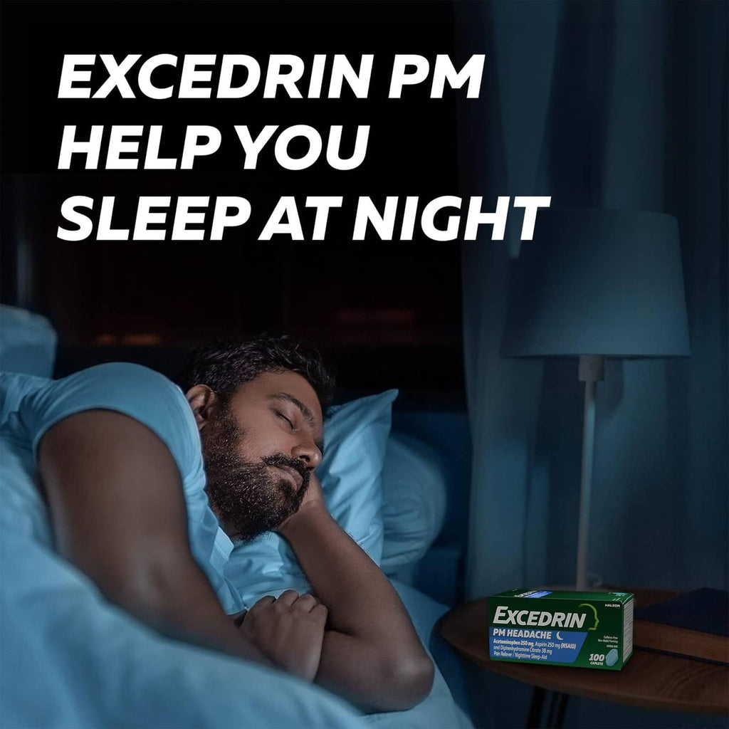 Headache sleep-aid caplets box on nightstand near a sleeping person