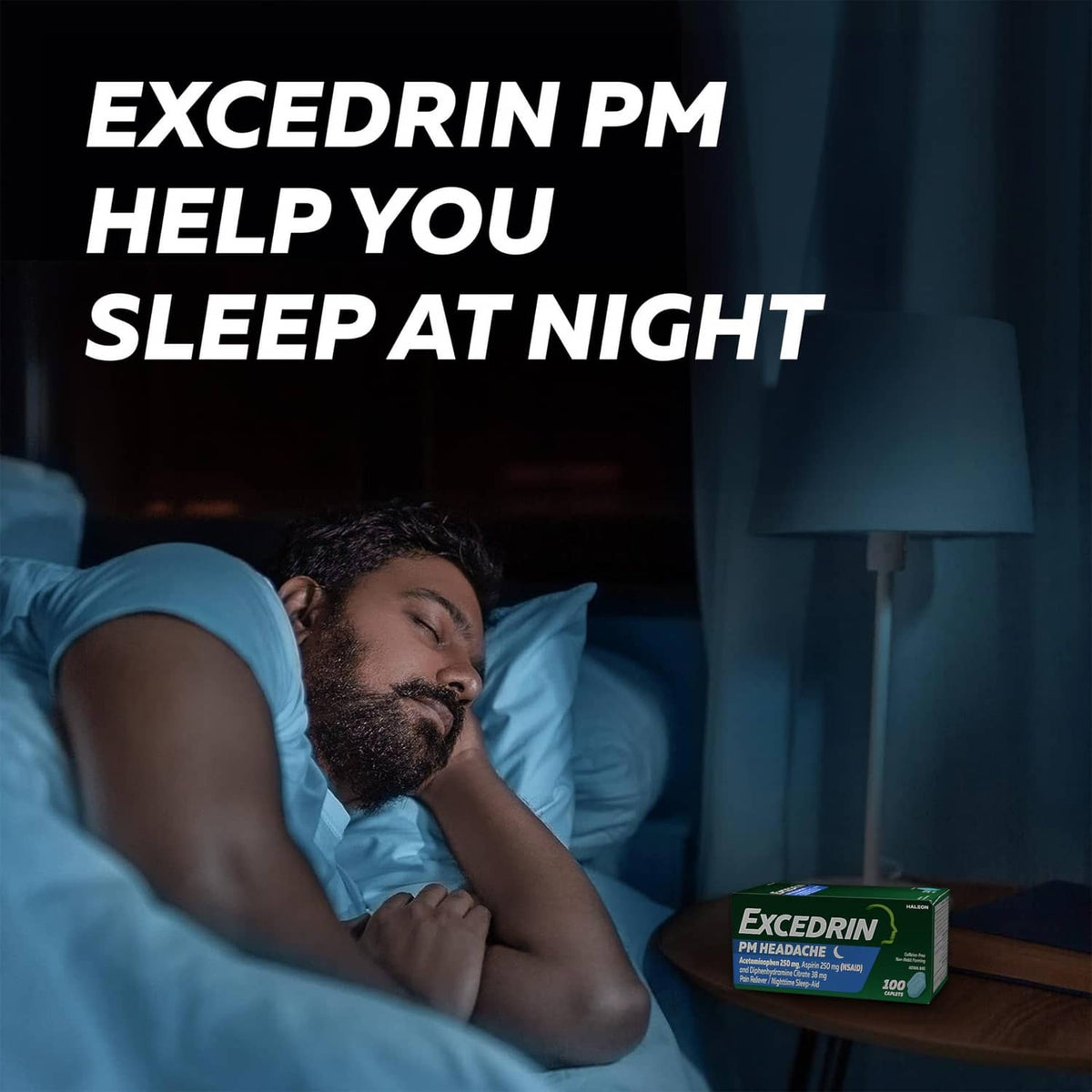 Headache sleep-aid caplets box on nightstand near a sleeping person