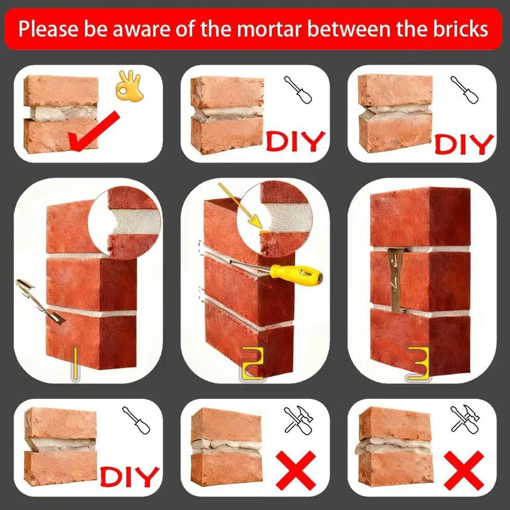 DIY instruction graphic showing mortar warning and brick clip placement