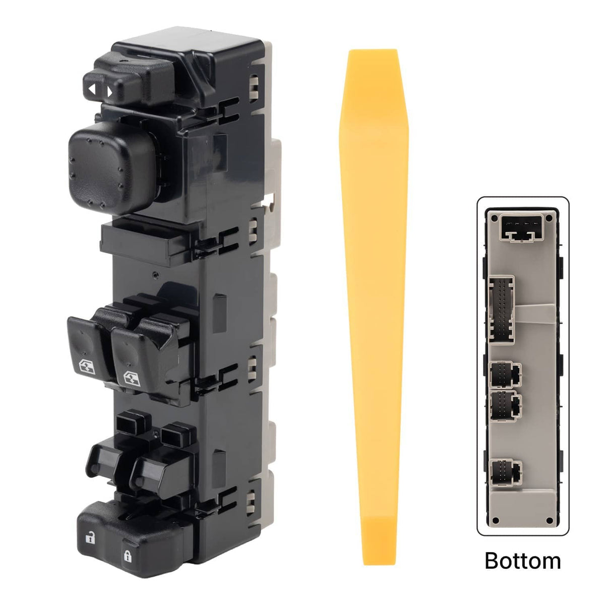Driver side power window switch with window lock buttons and bottom connector view