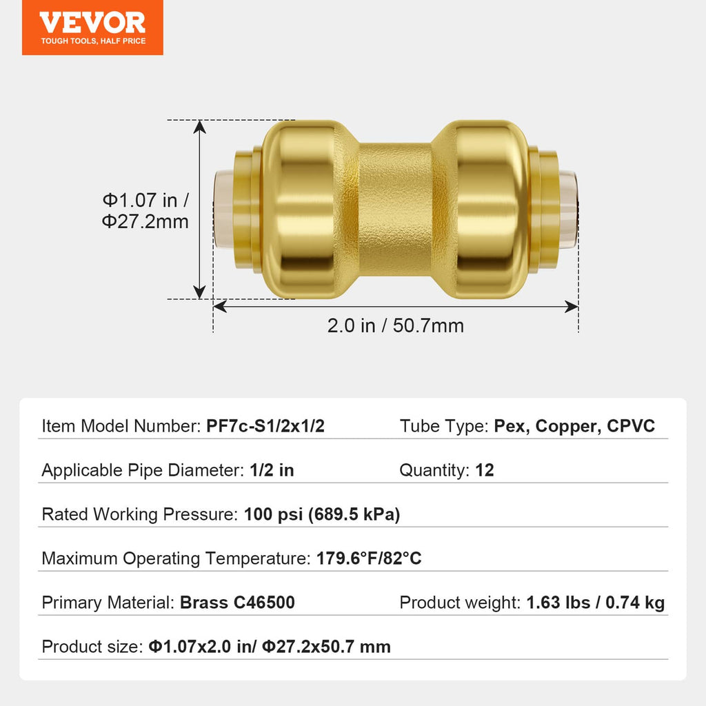 Brass straight-through push-fit fitting with size markings and 12-piece kit info