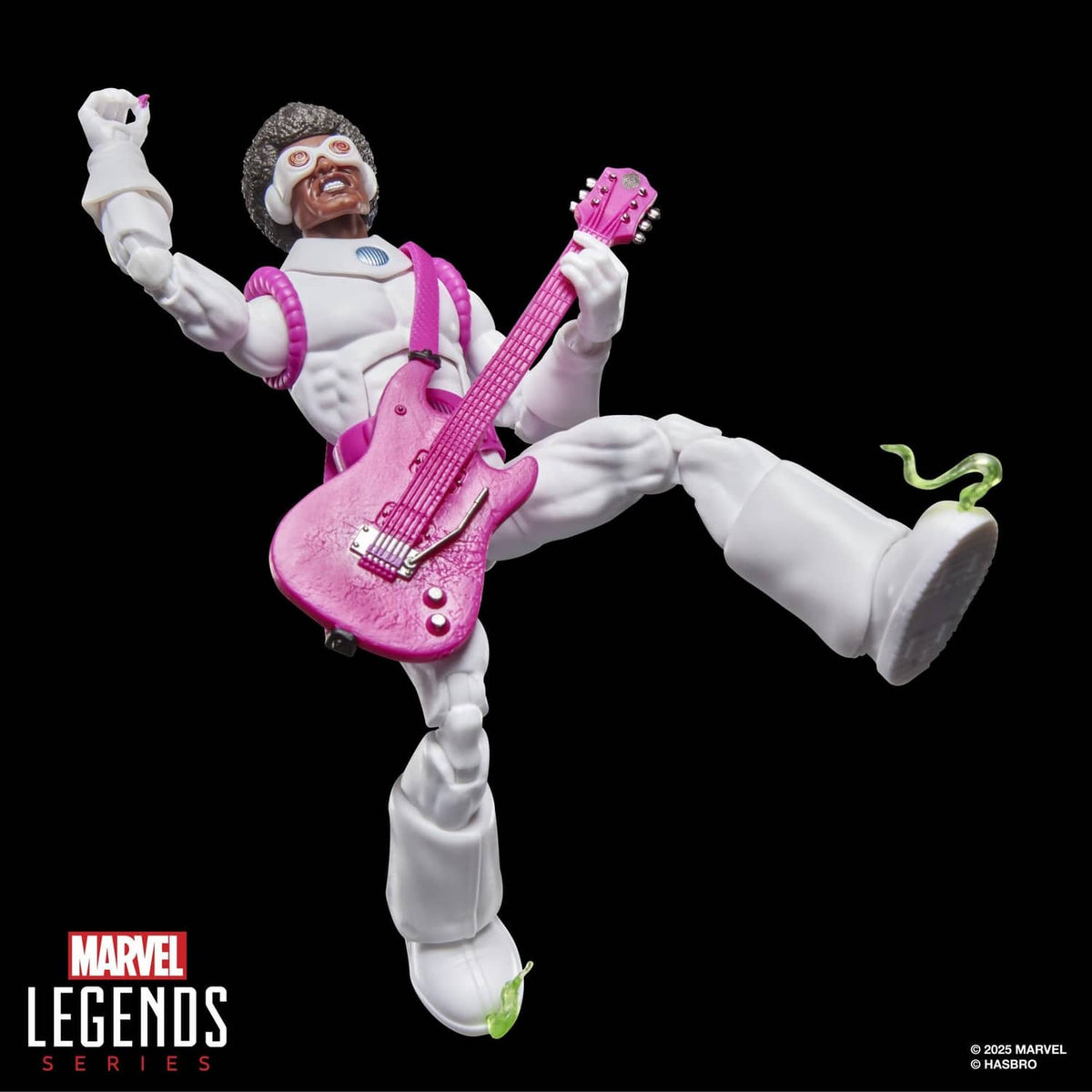 White-suited action figure with pink purple guitar and pink straps, leaning back