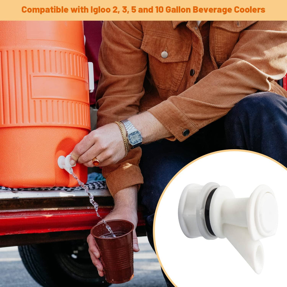 Push-button spigot replacement on orange beverage cooler, knob being pressed while pouring