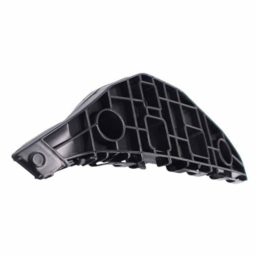 Black plastic front bumper bracket retainer, side view with grid ribs and round port
