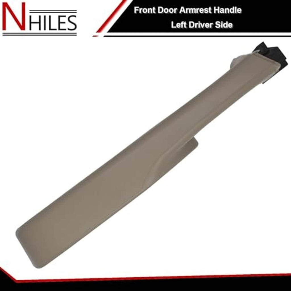 Beige front door armrest handle, slim profile with black mounting connector