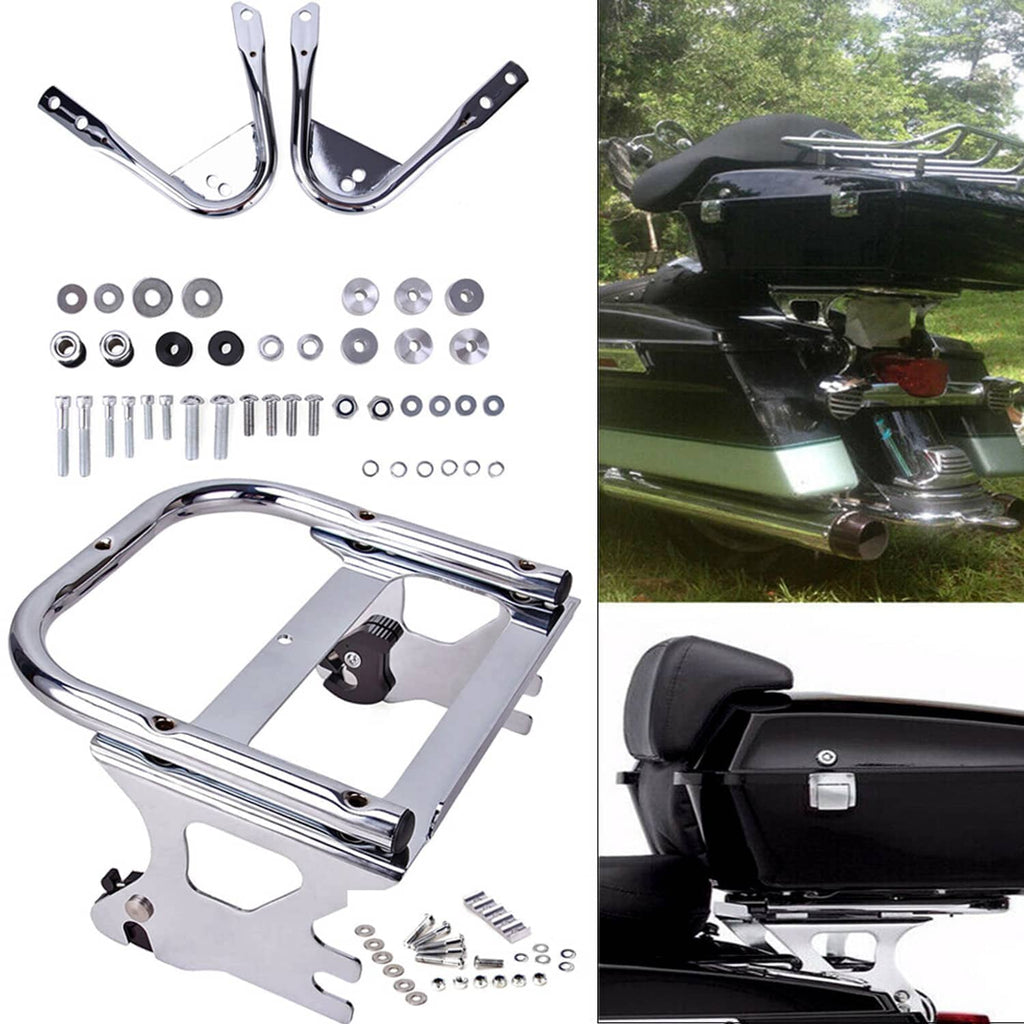 Chrome motorcycle luggage rack assembly with brackets, tubes, and hardware pack